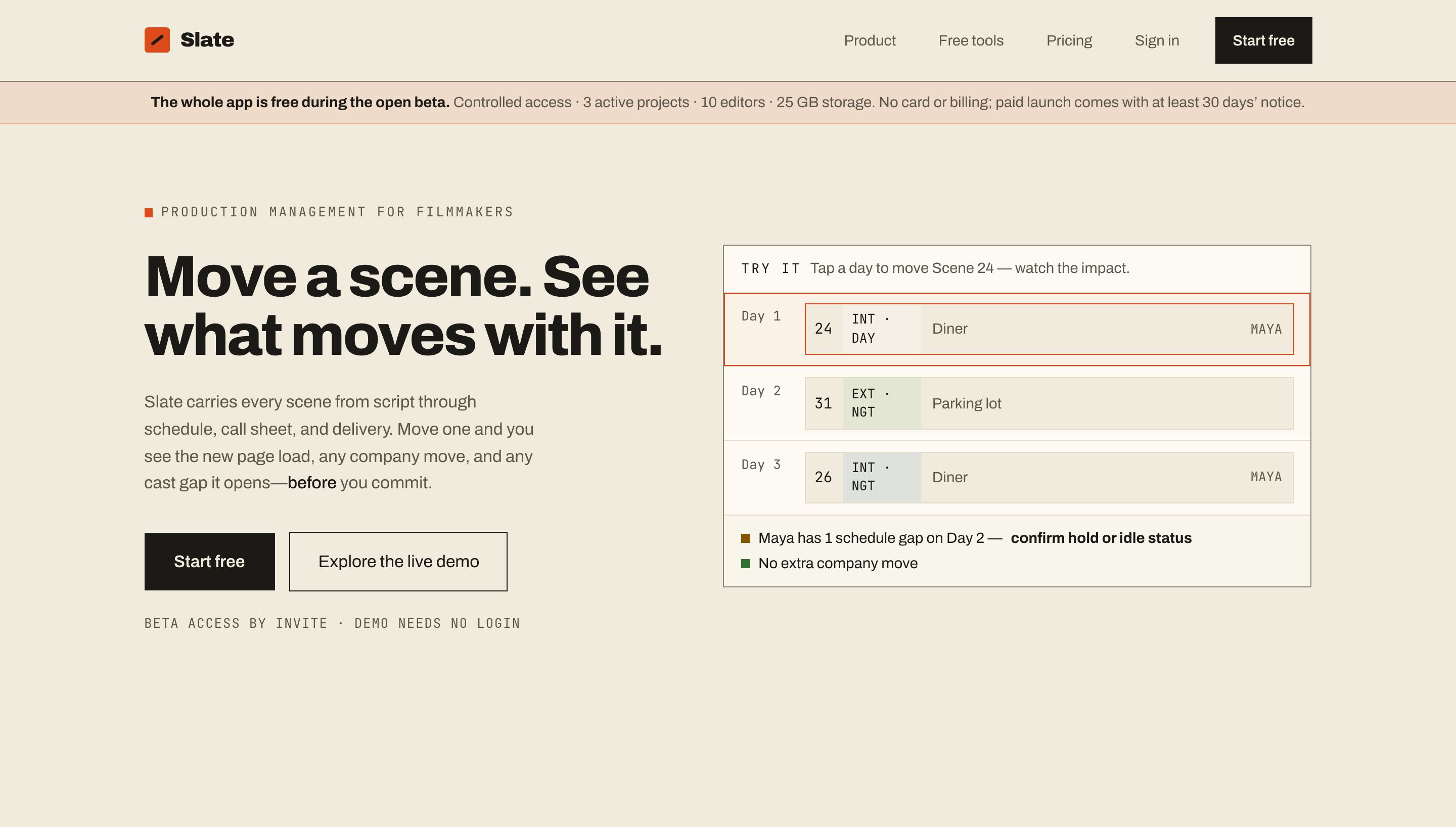 The Slate homepage: the headline “Move a scene. See what moves with it.” beside an interactive schedule demo.